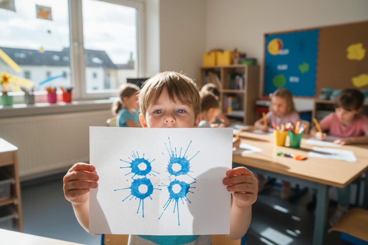 Die Bilder zeigen, wie Kinder Symmetrie mit Falten, Zeichnen, Beobachten und gemeinsamen Gesprächen Schritt für Schritt