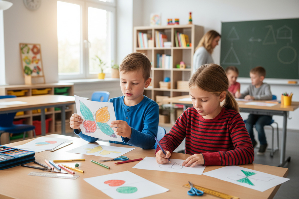 Die Bilder zeigen, wie Kinder Symmetrie mit Falten, Zeichnen, Beobachten und gemeinsamen Gesprächen Schritt für Schritt