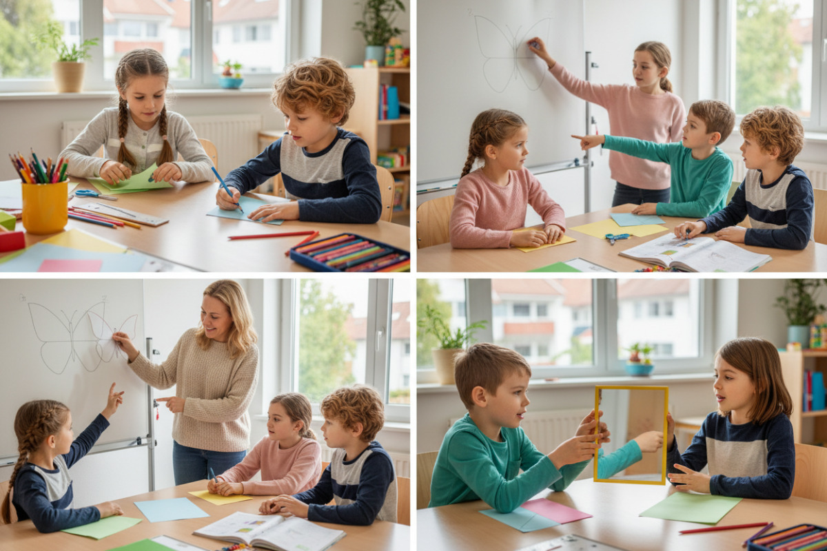 Die Bilder zeigen, wie Kinder Symmetrie mit Falten, Zeichnen, Beobachten und gemeinsamen Gesprächen Schritt für Schritt