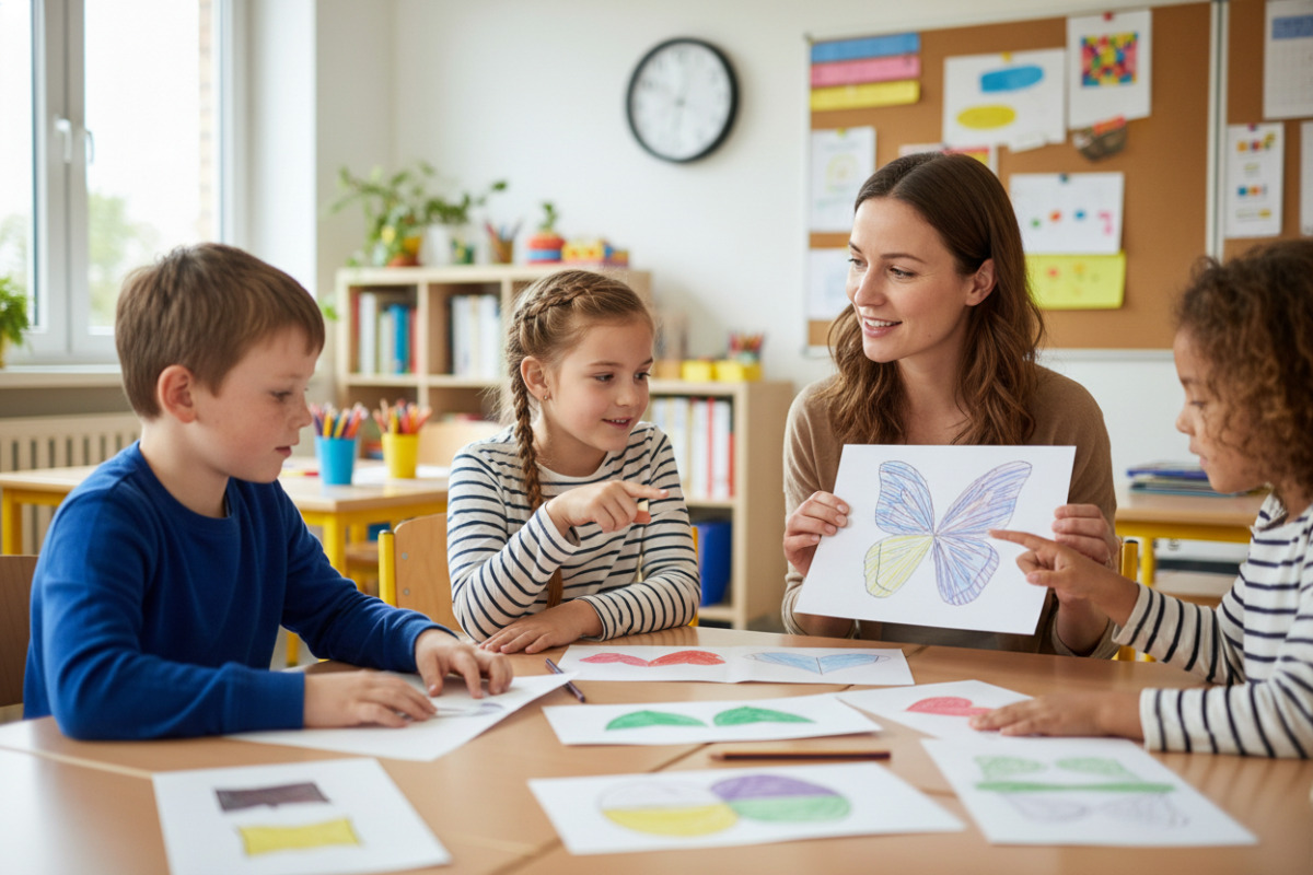 Die Bilder zeigen, wie Kinder Symmetrie mit Falten, Zeichnen, Beobachten und gemeinsamen Gesprächen Schritt für Schritt