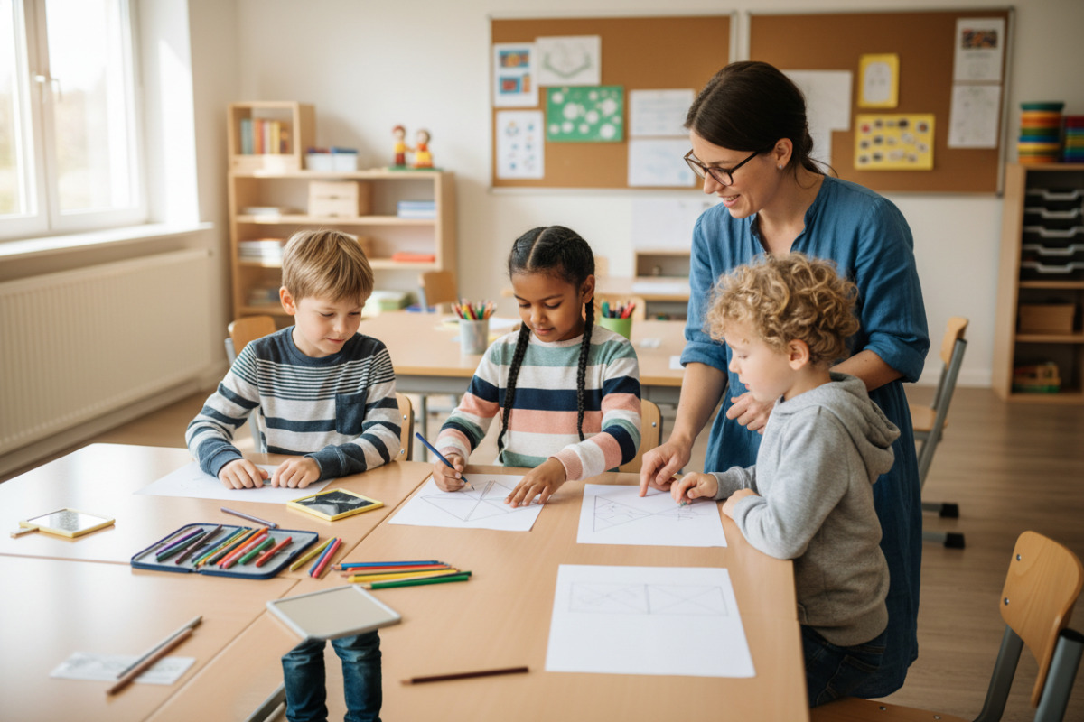 Die Bilder zeigen, wie Kinder Symmetrie mit Falten, Zeichnen, Beobachten und gemeinsamen Gesprächen Schritt für Schritt