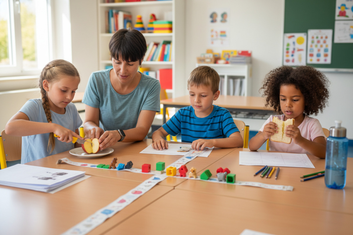 Die Bilder zeigen, wie Kinder die Hälfte mit Gegenständen, Lebensmitteln, Längen und einfachen Übungen im Alltag
