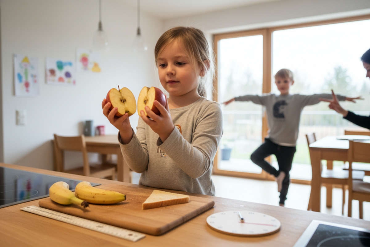 Die Bilder zeigen, wie Kinder die Hälfte mit Gegenständen, Lebensmitteln, Längen und einfachen Übungen im Alltag