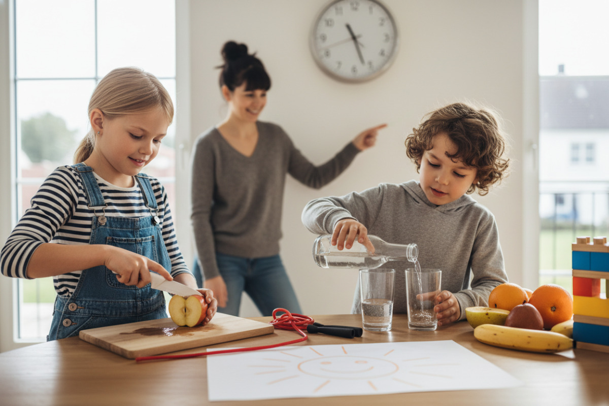 Die Bilder zeigen, wie Kinder die Hälfte mit Gegenständen, Lebensmitteln, Längen und einfachen Übungen im Alltag