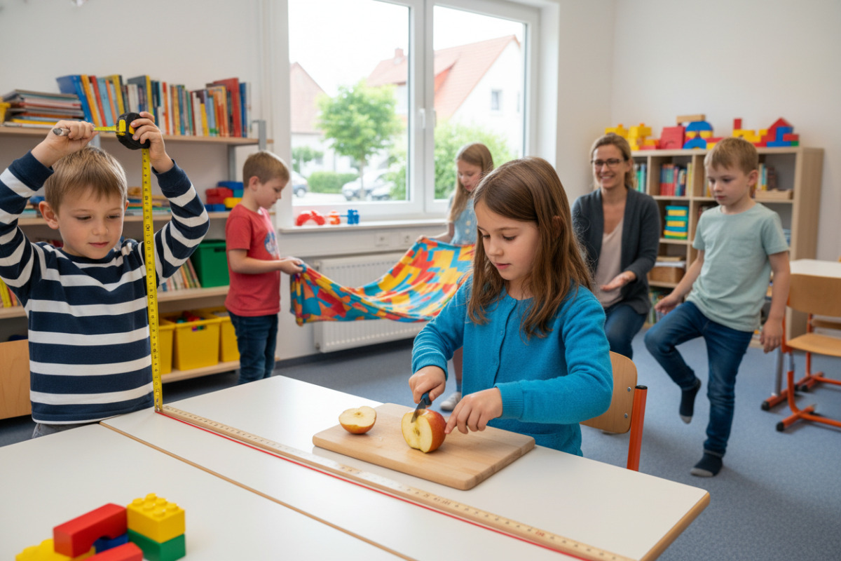Die Bilder zeigen, wie Kinder die Hälfte mit Gegenständen, Lebensmitteln, Längen und einfachen Übungen im Alltag