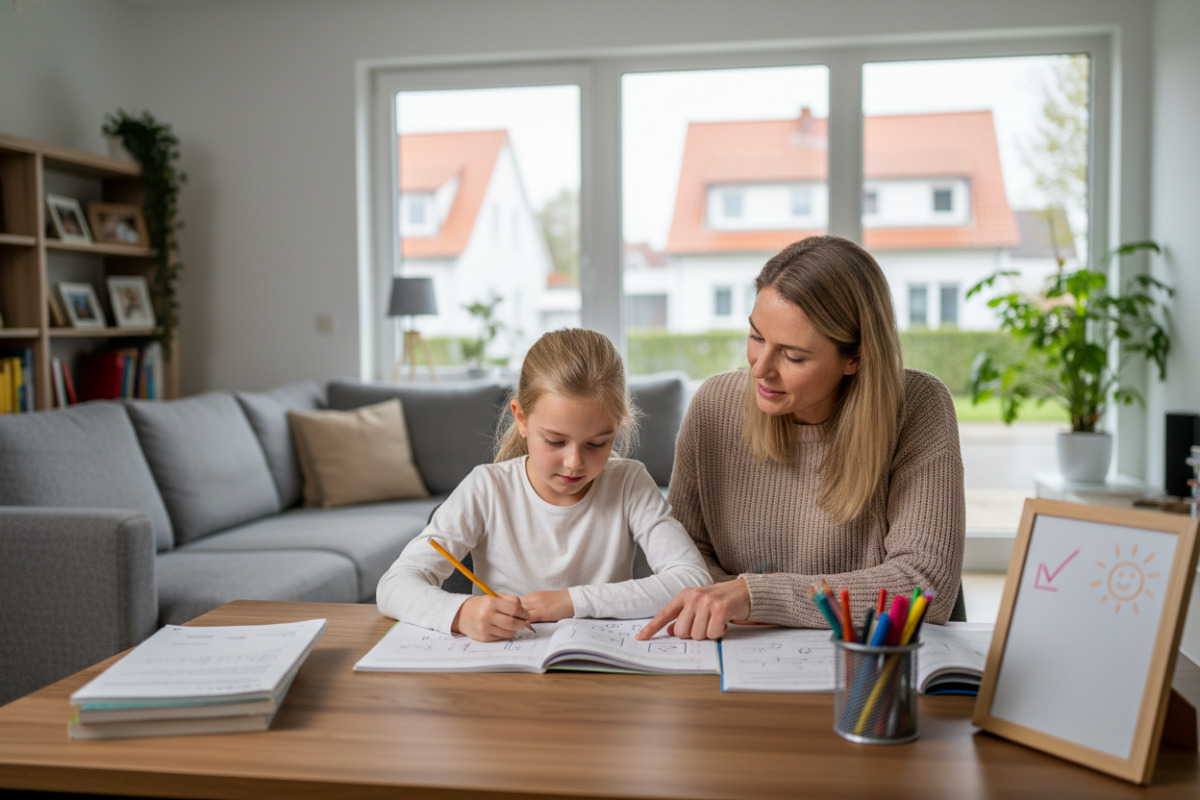 Die Bilder zeigen, wie Lernroutine im Familienalltag durch kleine Schritte, Zuhören, Pausen und sichtbare Erfolge