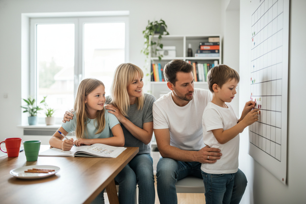 Die Bilder zeigen, wie Lernroutine im Familienalltag durch kleine Schritte, Zuhören, Pausen und sichtbare Erfolge