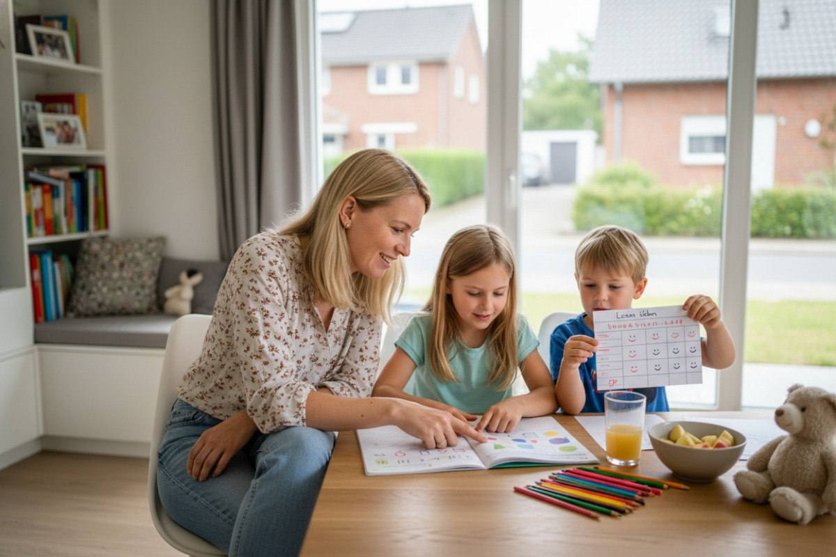 Die Bilder zeigen, wie Lernroutine im Familienalltag durch kleine Schritte, Zuhören, Pausen und sichtbare Erfolge