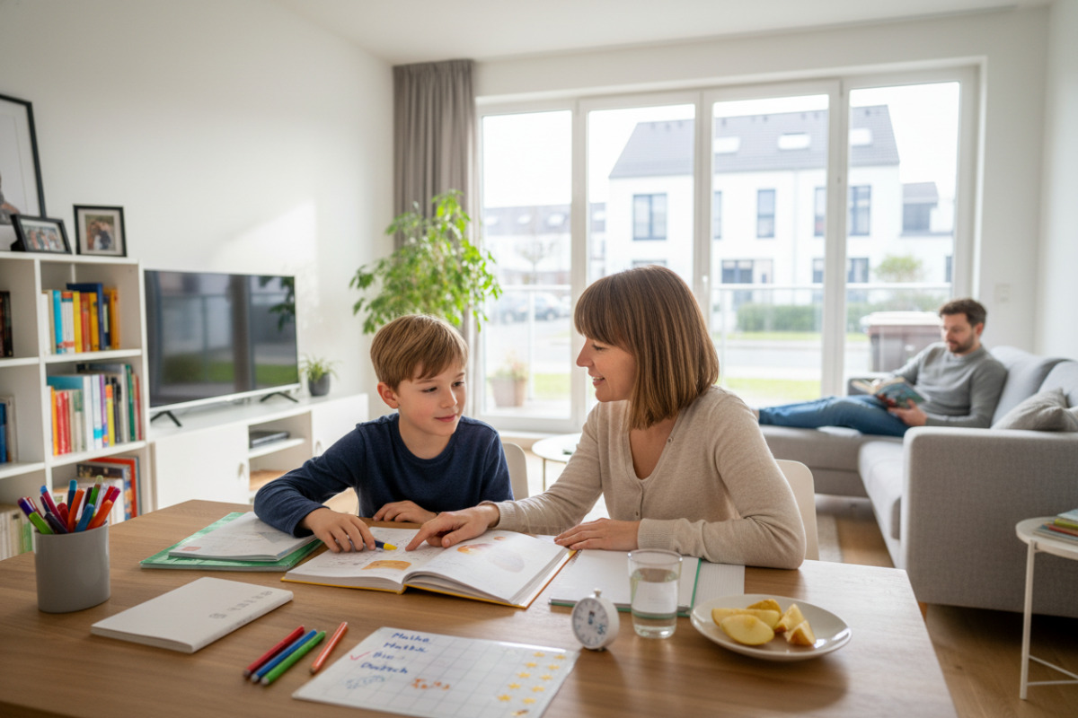 Die Bilder zeigen, wie Lernroutine im Familienalltag durch kleine Schritte, Zuhören, Pausen und sichtbare Erfolge