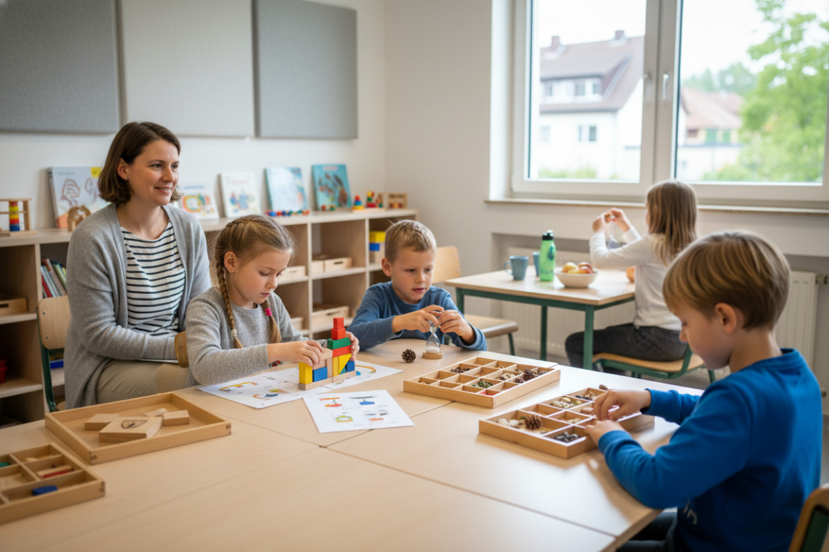 Die Bilder zeigen ruhige, überschaubare Lernsituationen, in denen Kinder mit Struktur, Material und kurzen Pausen