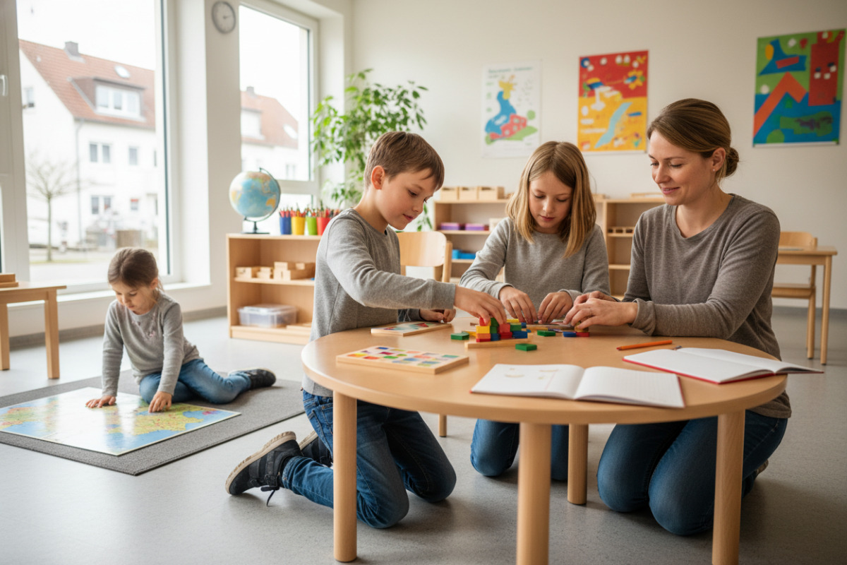 Die Bilder zeigen ruhige, überschaubare Lernsituationen, in denen Kinder mit Struktur, Material und kurzen Pausen
