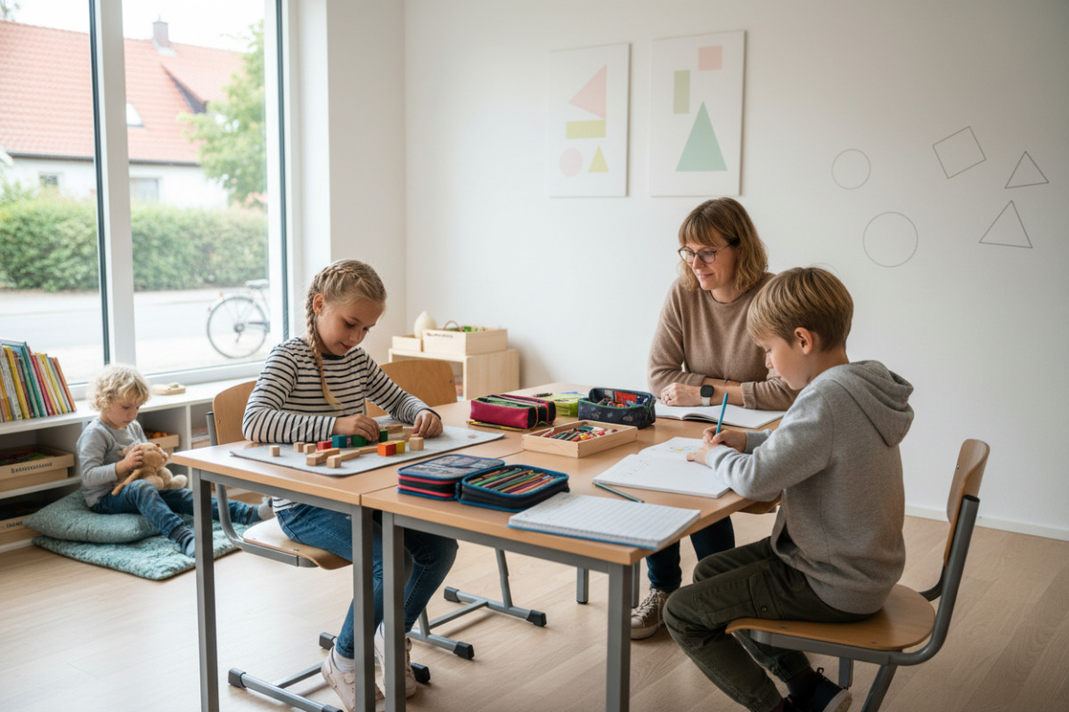 Die Bilder zeigen ruhige, überschaubare Lernsituationen, in denen Kinder mit Struktur, Material und kurzen Pausen