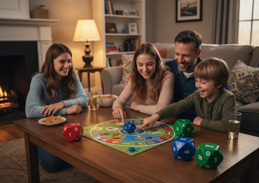 Familie spielt gemeinsam ein Brettspiel mit Würfel