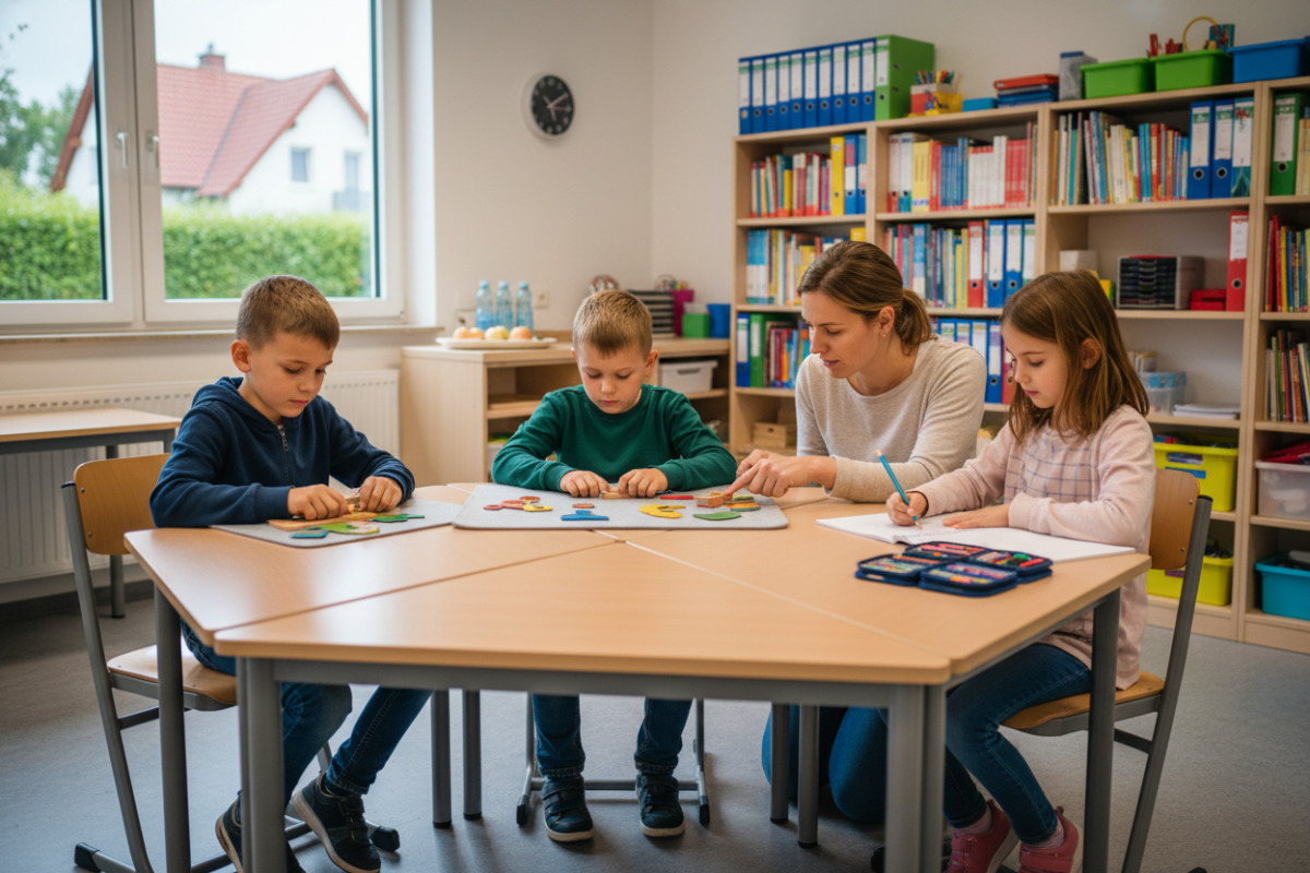 Die Bilder zeigen ruhige, überschaubare Lernsituationen, in denen Kinder mit Struktur, Material und kurzen Pausen