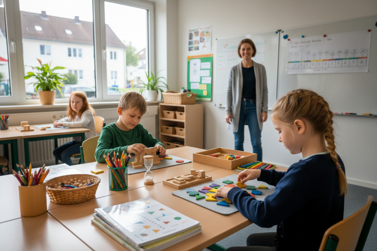 Die Bilder zeigen ruhige, überschaubare Lernsituationen, in denen Kinder mit Struktur, Material und kurzen Pausen