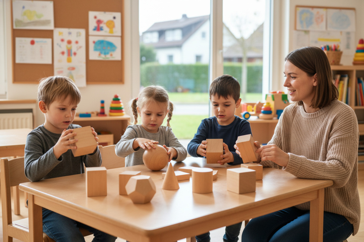 Abb. Kinder entdecken geometrische Figuren am leichtesten durch Anschauen, Anfassen und Vergleichen.