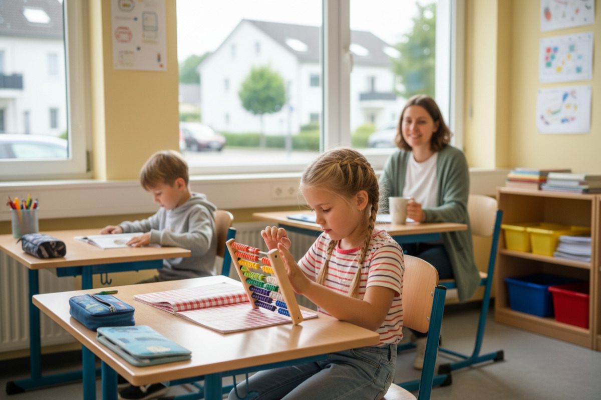 Die Bilder zeigen ruhige Lernmomente, kleine Rechenschritte, Lesepausen und verlässliche Rituale im Schul- und