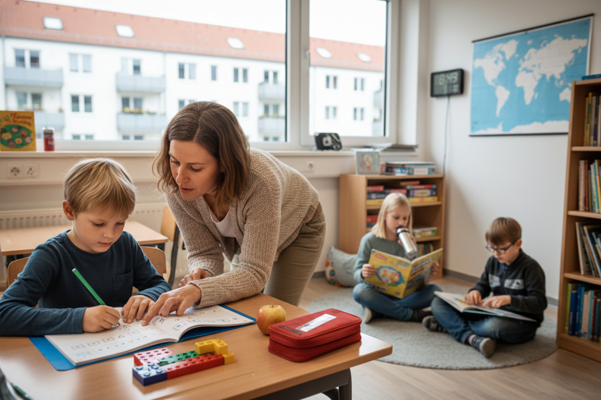 Die Bilder zeigen ruhige Lernmomente, kleine Rechenschritte, Lesepausen und verlässliche Rituale im Schul- und