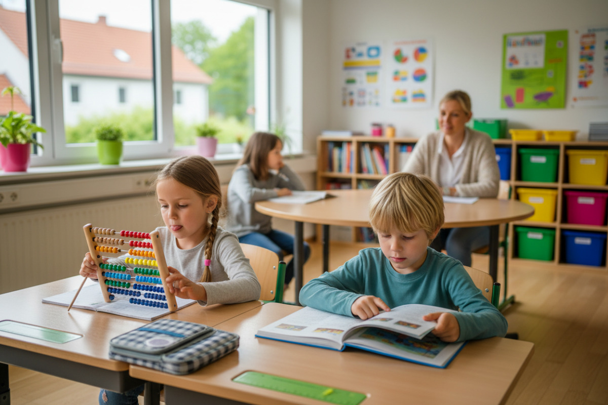 Die Bilder zeigen ruhige Lernmomente, kleine Rechenschritte, Lesepausen und verlässliche Rituale im Schul- und
