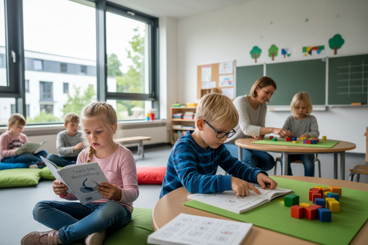 Die Bilder zeigen ruhige Lernmomente, kleine Rechenschritte, Lesepausen und verlässliche Rituale im Schul- und