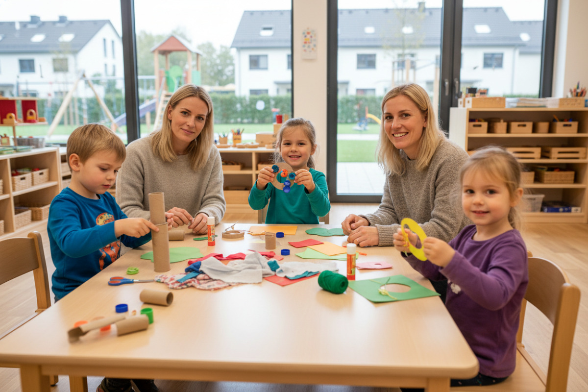 Die Bilder zeigen, wie Kinder mit kleinen, passenden Schritten, Alltagsmaterial und freundlicher Begleitung gute