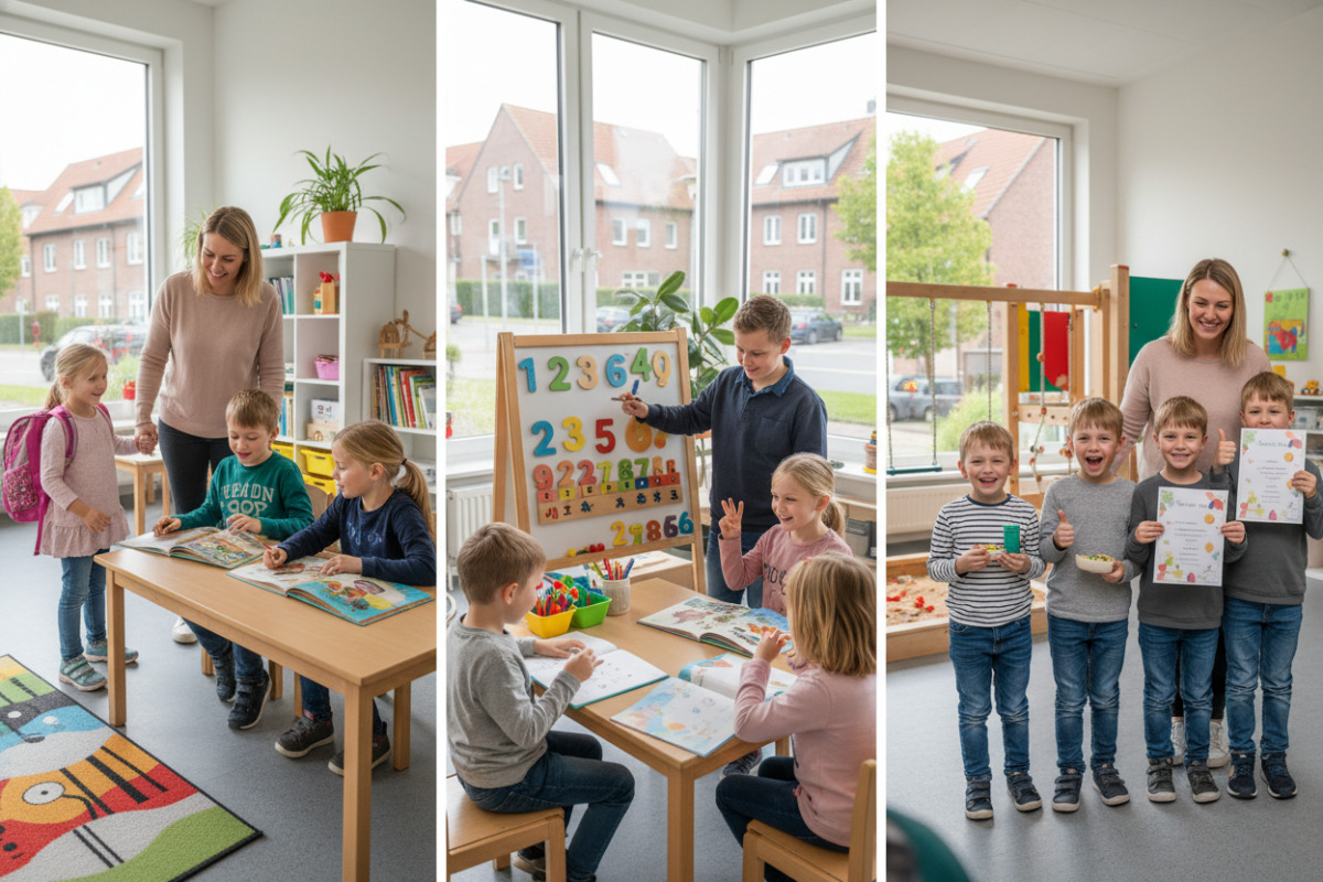 Die Bilder zeigen kleine Schritte freundlichen Lernroutine ankommen, lesen, zählen, Pause machen und Abschluss erleben.