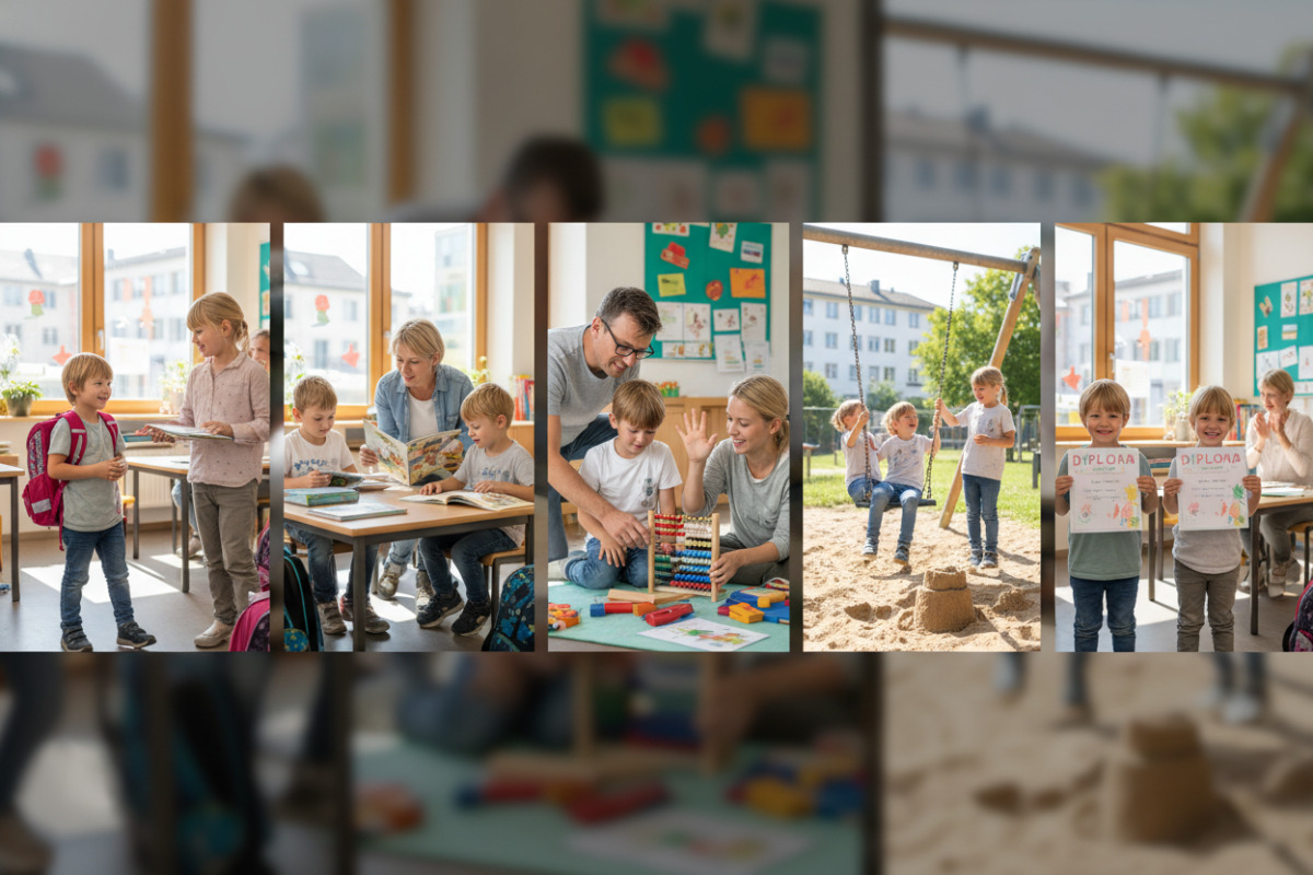 Die Bilder zeigen kleine Schritte freundlichen Lernroutine ankommen, lesen, zählen, Pause machen und Abschluss erleben.