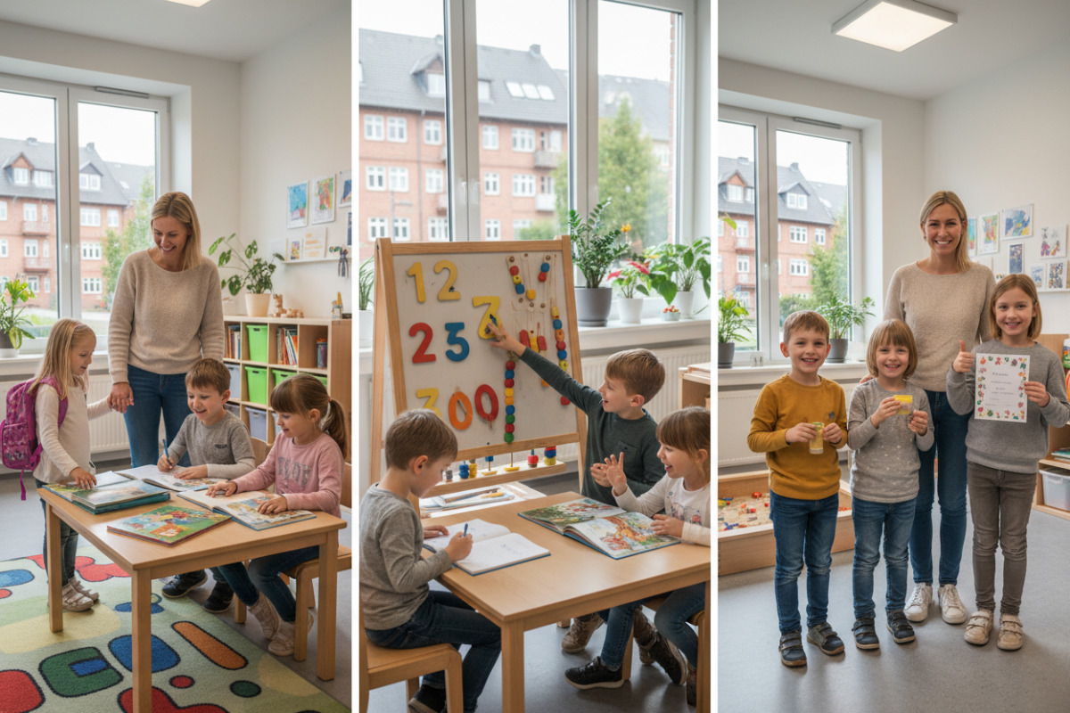 Die Bilder zeigen kleine Schritte freundlichen Lernroutine ankommen, lesen, zählen, Pause machen und Abschluss erleben.