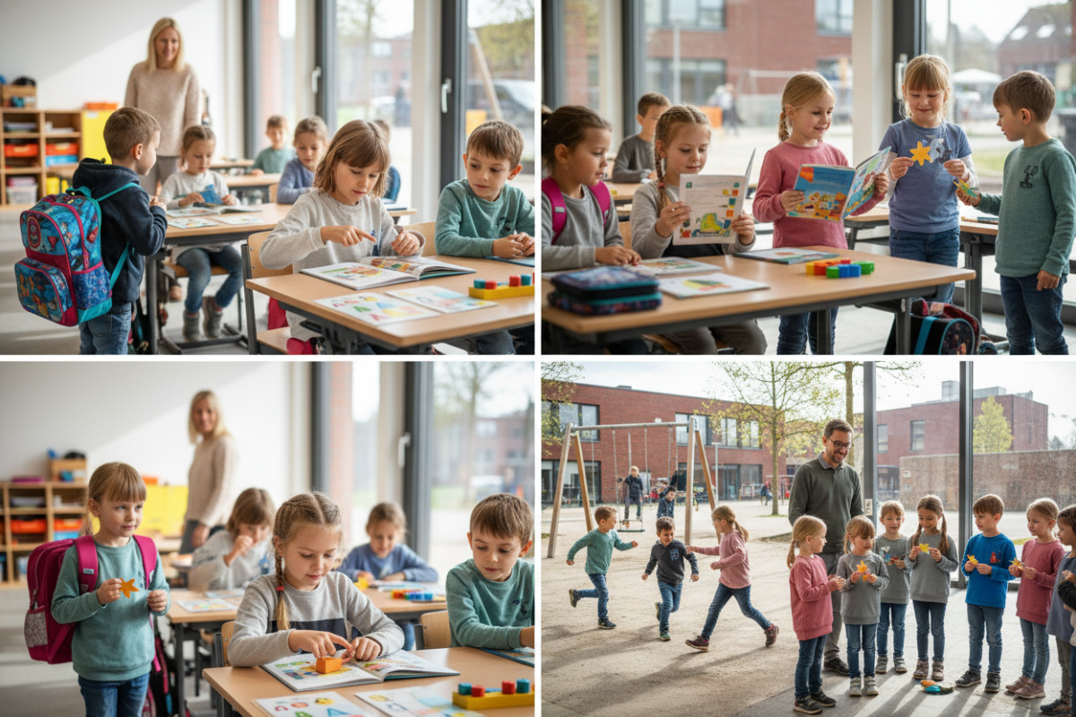 Die Bilder zeigen kleine Schritte freundlichen Lernroutine ankommen, lesen, zählen, Pause machen und Abschluss erleben.