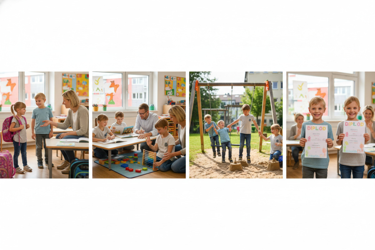 Die Bilder zeigen kleine Schritte freundlichen Lernroutine ankommen, lesen, zählen, Pause machen und Abschluss erleben.