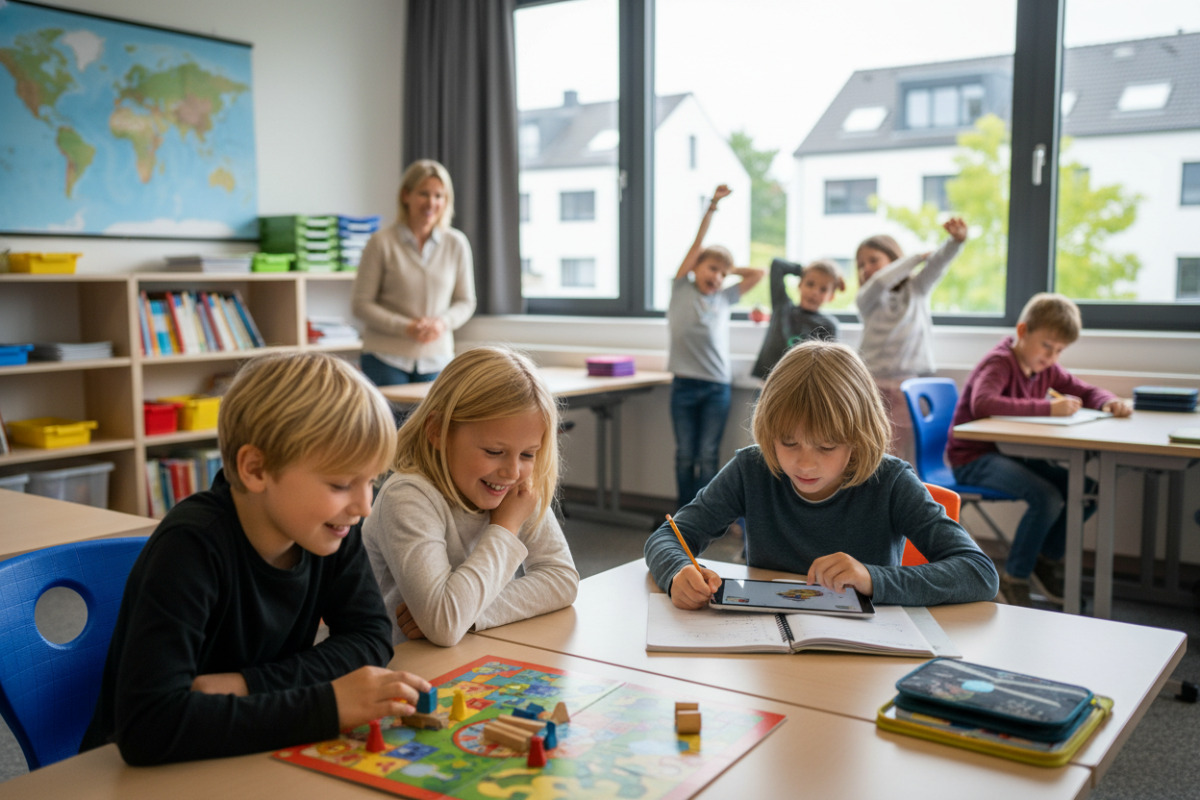 Abb. Kinder in der . Klasse wechseln noch zwischen Fokus, Spiel und kurzen Pausen.