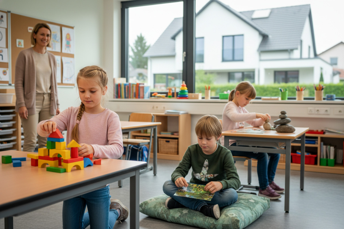 Die Bilder zeigen ruhige, alltagstaugliche Wege, wie Kinder in der . Klasse Konzentration ohne Druck aufbauen können.