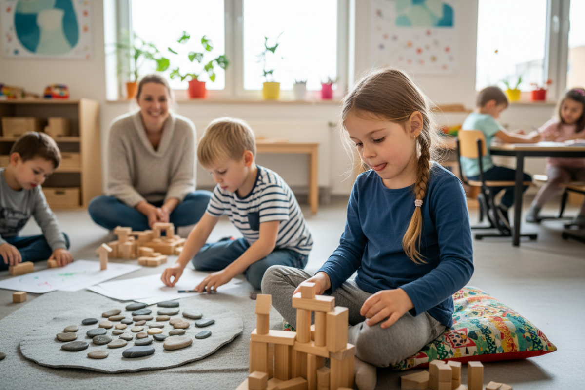 Die Bilder zeigen ruhige, alltagstaugliche Wege, wie Kinder in der . Klasse Konzentration ohne Druck aufbauen können.