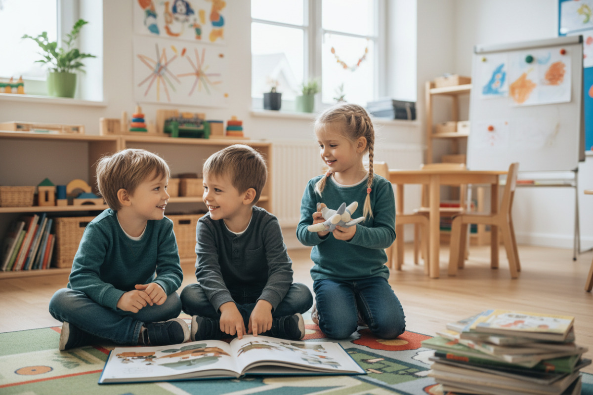 Die Bilder zeigen alltagsnahe Momente, in denen Kinder über Spiel, Blickkontakt und gemeinsame Bücher Schritt für