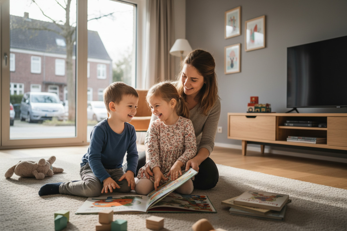 Die Bilder zeigen alltagsnahe Momente, in denen Kinder über Spiel, Blickkontakt und gemeinsame Bücher Schritt für