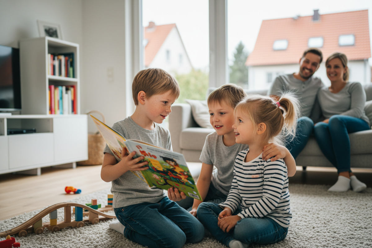 Die Bilder zeigen alltagsnahe Momente, in denen Kinder über Spiel, Blickkontakt und gemeinsame Bücher Schritt für