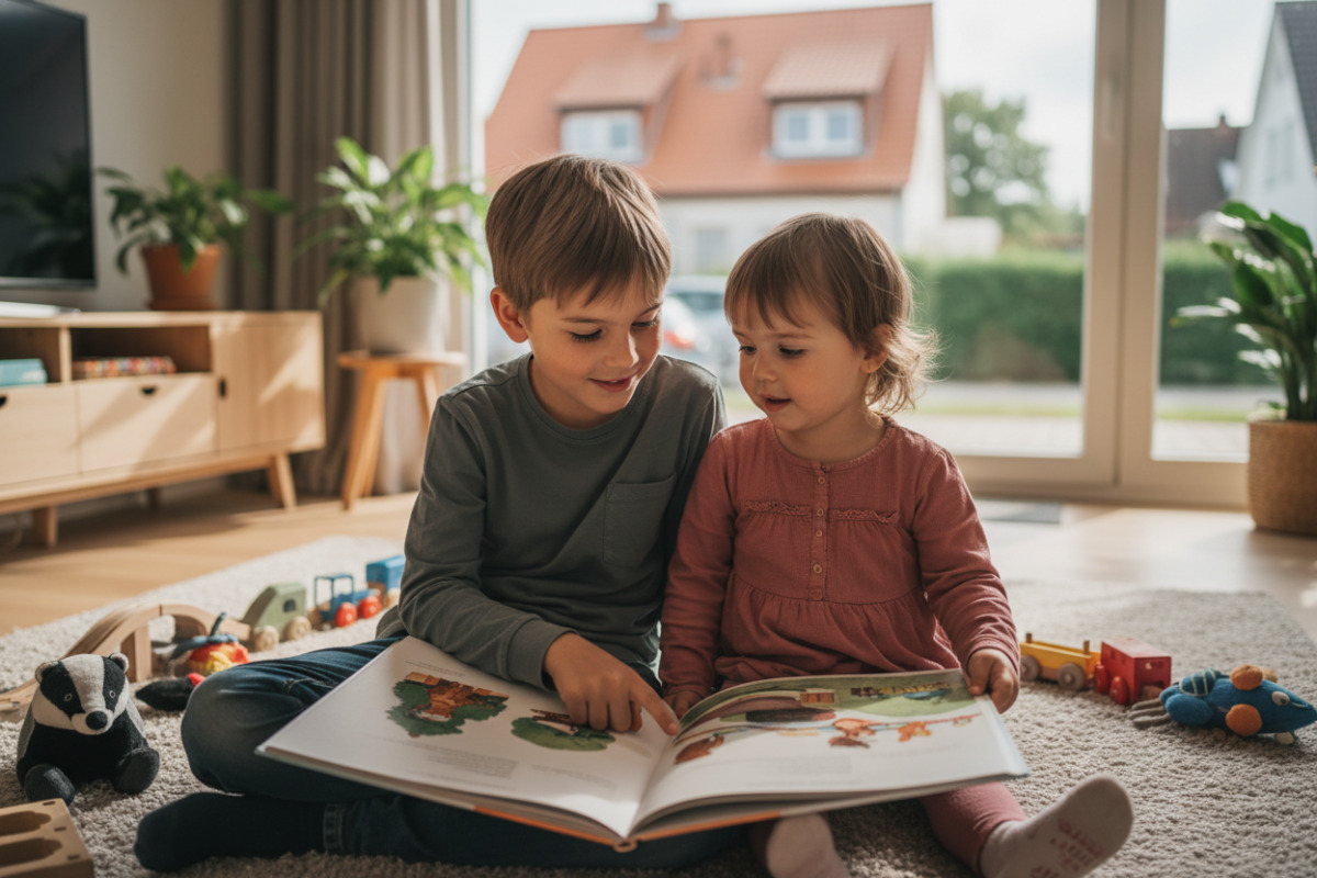 Die Bilder zeigen alltagsnahe Momente, in denen Kinder über Spiel, Blickkontakt und gemeinsame Bücher Schritt für