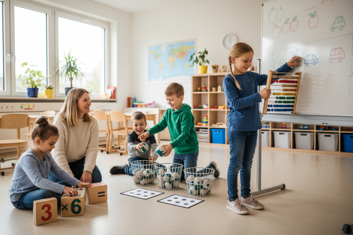 Die Bilder zeigen, wie Kinder Multiplikation mit Material, Bewegung, Spielen und alltagsnahen Aufgaben Schritt für