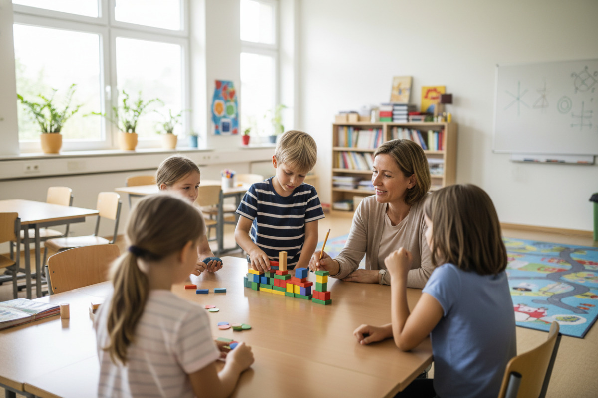 Die Bilder zeigen, wie Kinder Multiplikation mit Material, Bewegung, Spielen und alltagsnahen Aufgaben Schritt für