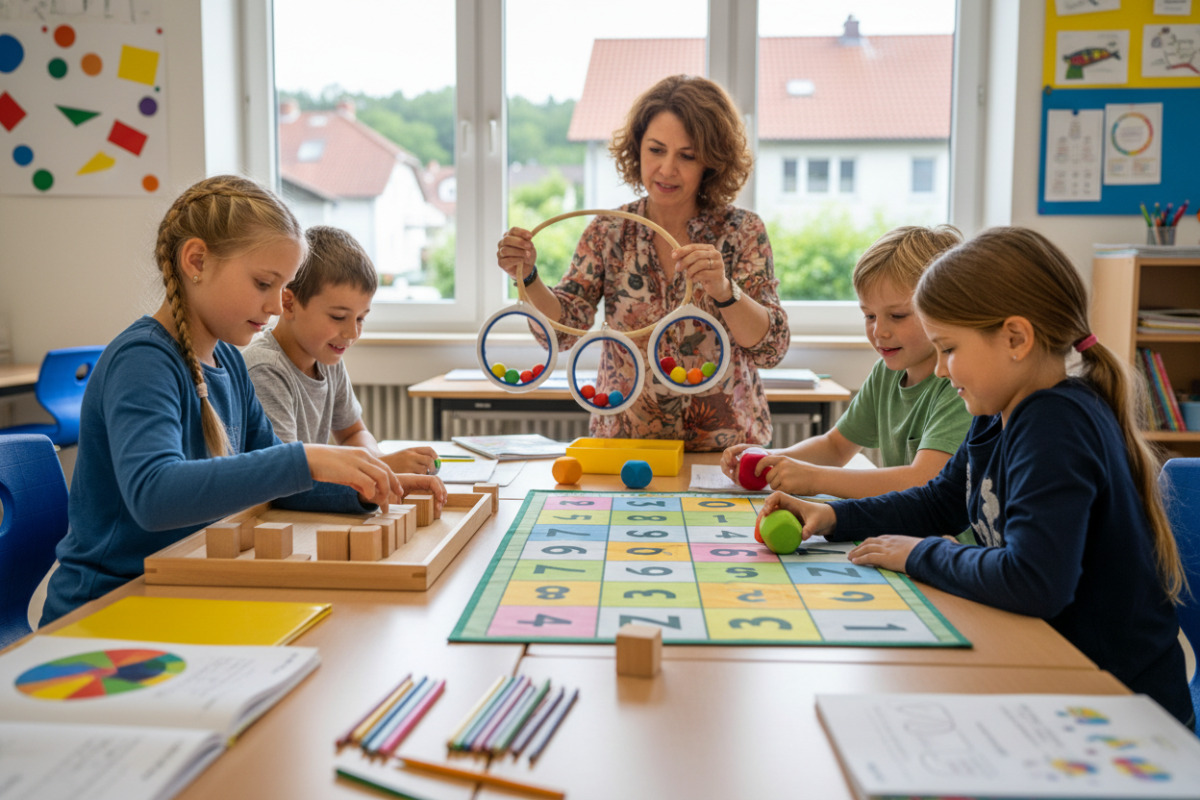 Die Bilder zeigen, wie Kinder Multiplikation mit Material, Bewegung, Spielen und alltagsnahen Aufgaben Schritt für