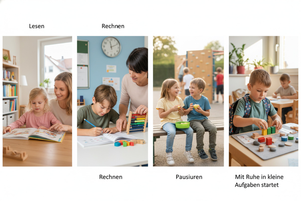 Die Bilder zeigen einfache Lernmomente im Alltag lesen, rechnen, pausieren und mit Ruhe in kleine Aufgaben starten.