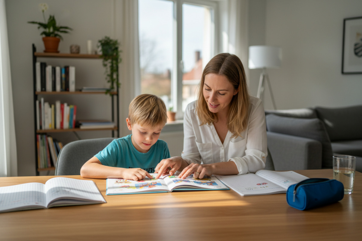 Die Bilder zeigen einfache Lernmomente im Alltag lesen, rechnen, pausieren und mit Ruhe in kleine Aufgaben starten.