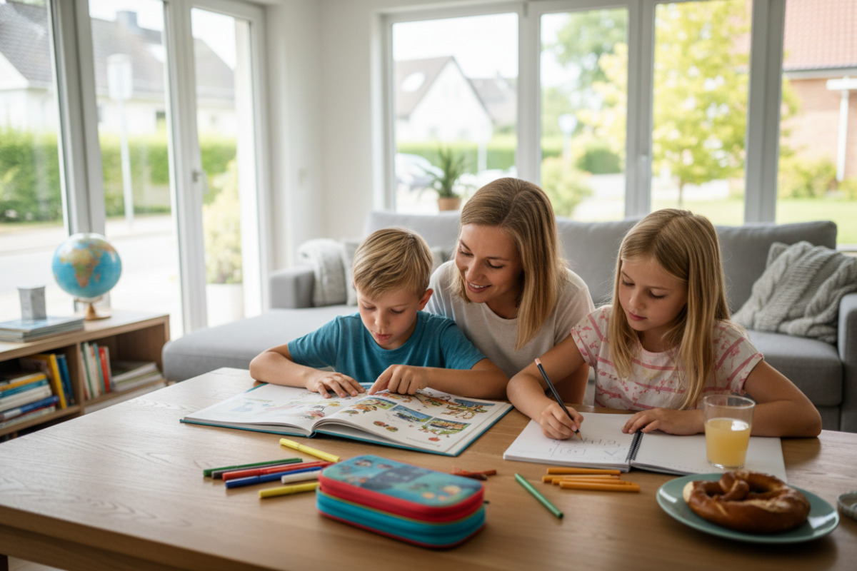 Die Bilder zeigen einfache Lernmomente im Alltag lesen, rechnen, pausieren und mit Ruhe in kleine Aufgaben starten.