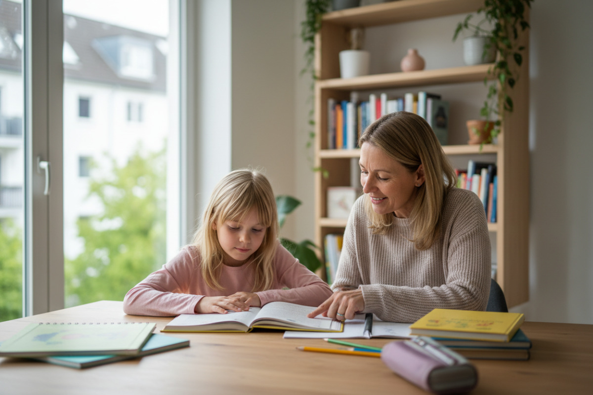 Die Bilder zeigen einfache Lernmomente im Alltag lesen, rechnen, pausieren und mit Ruhe in kleine Aufgaben starten.