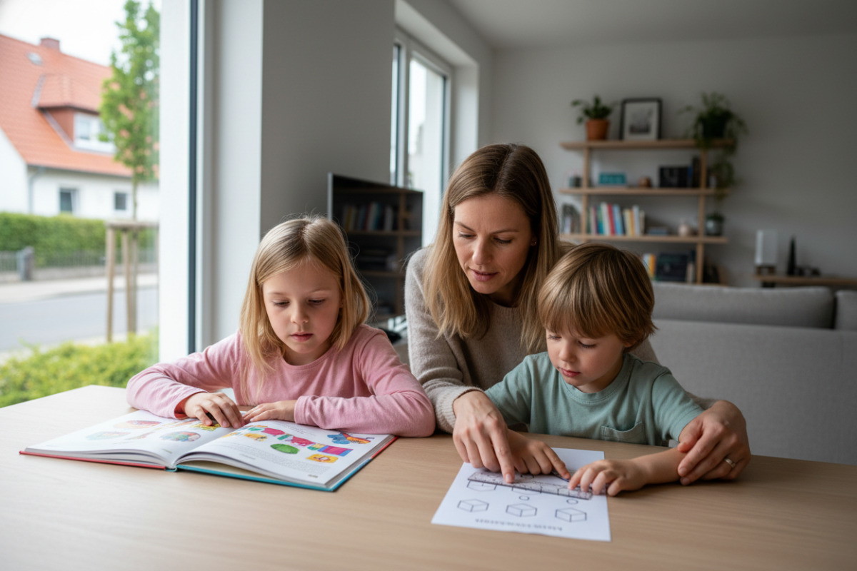Die Bilder zeigen einfache Lernmomente im Alltag lesen, rechnen, pausieren und mit Ruhe in kleine Aufgaben starten.