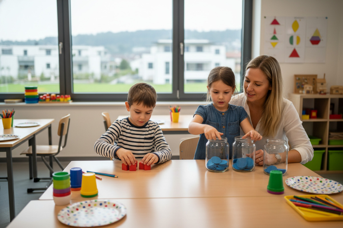 Die Bilder zeigen, wie Kinder Halbieren besser verstehen, wenn sie Mengen sehen, ordnen und in Ruhe aufteilen können.