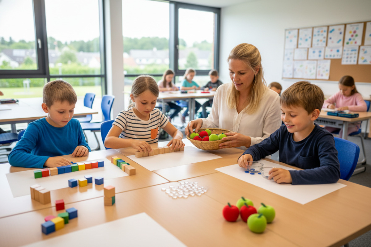 Die Bilder zeigen, wie Kinder Halbieren besser verstehen, wenn sie Mengen sehen, ordnen und in Ruhe aufteilen können.