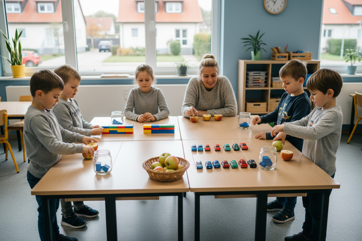 Die Bilder zeigen, wie Kinder Halbieren besser verstehen, wenn sie Mengen sehen, ordnen und in Ruhe aufteilen können.