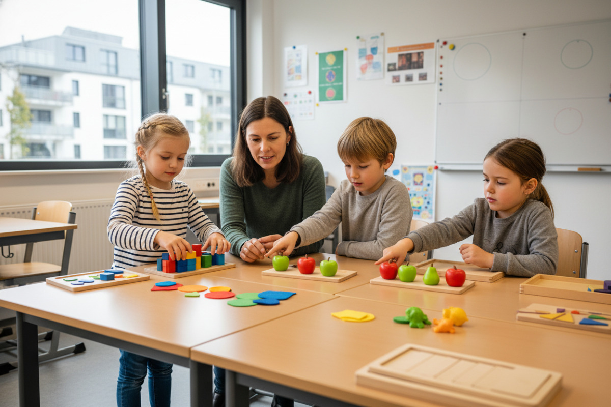 Die Bilder zeigen, wie Kinder Halbieren besser verstehen, wenn sie Mengen sehen, ordnen und in Ruhe aufteilen können.