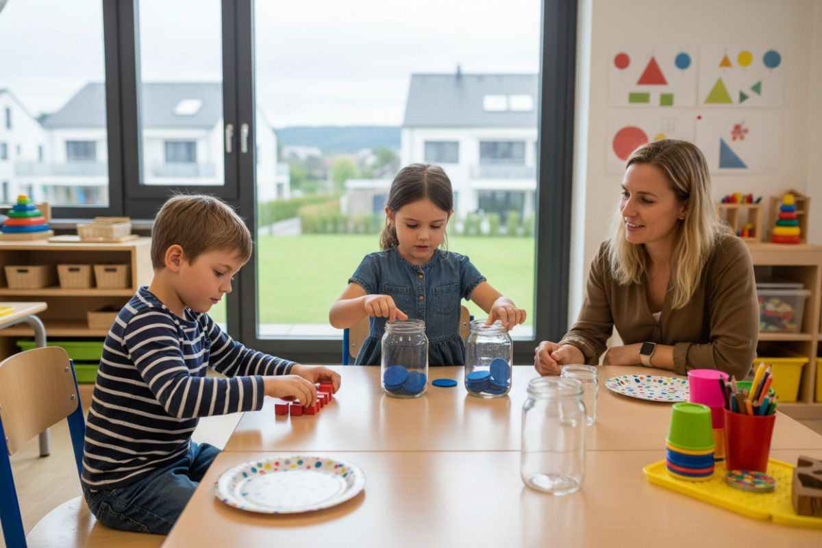 Die Bilder zeigen, wie Kinder Halbieren besser verstehen, wenn sie Mengen sehen, ordnen und in Ruhe aufteilen können.